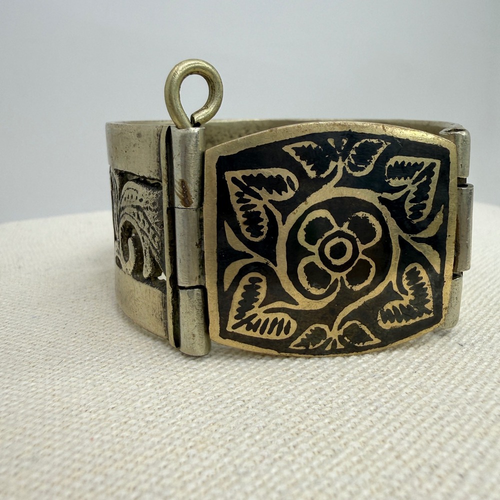 Vintage Islamic Old Yemeni Bracelet Mixed Metal Niello Floral Filigree‎ Hinged